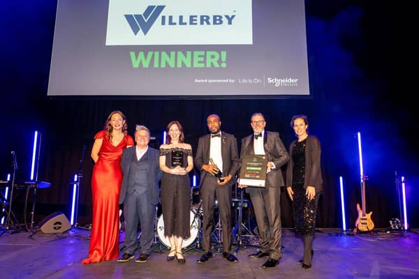 Pictured, from left: Grace Gilling, managing director of The Manufacturer; comedian Susie McCabe, who provided the entertainment at the awards; Willerby’s chief operating officer, Nicola Budge, graduate intern – eco and sustainability, Isaac Akinwilliams, business project manager Duncan Collins; and Kristin Baker, of award sponsor Schneider Electric.