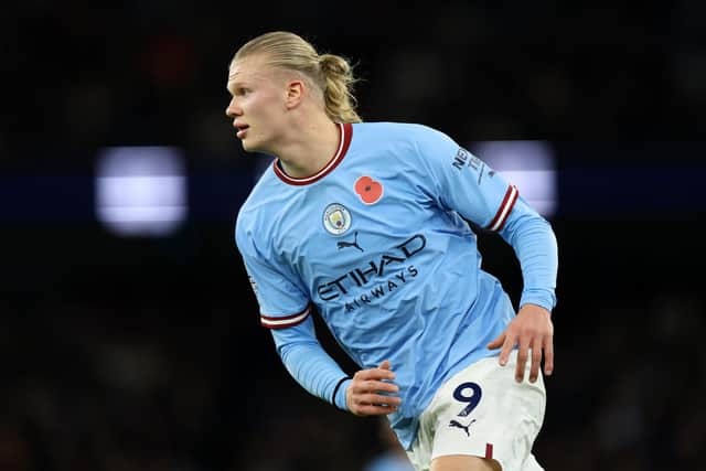 MANCHESTER, ENGLAND - NOVEMBER 05: Erling Haaland of Manchester City during the Premier League match between Manchester City and Fulham FC at Etihad Stadium on November 05, 2022 in Manchester, England. (Photo by Catherine Ivill/Getty Images)