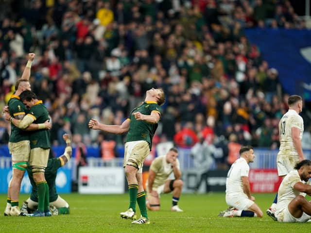 DECISIVE: South Africa's Pieter-Steph du Toit (centre) celebrates at the final whistle after beating England in last week's semi-final at the Stade de France, Saint-Denis. Picture: David Davies/PA