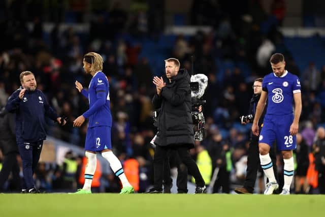 MANCHESTER, ENGLAND - JANUARY 08: Graham Potter, Manager of Chelsea, applauds the fans after the team's defeat during the Emirates FA Cup Third Round match between Manchester City and Chelsea at Etihad Stadium on January 08, 2023 in Manchester, England. (Photo by Naomi Baker/Getty Images)