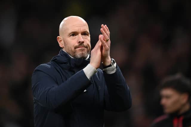 MANCHESTER, ENGLAND - FEBRUARY 04:  Erik ten Hag, Manager of Manchester United, applauds fans after the Premier League match between Manchester United and Crystal Palace at Old Trafford on February 04, 2023 in Manchester, England. (Photo by Michael Regan/Getty Images)