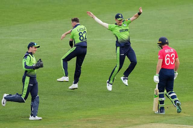 The big one: Ireland's Josh Little jumps for joy after dismissing England captain Jos Buttler. Photo: Scott Barbour/PA Wire.