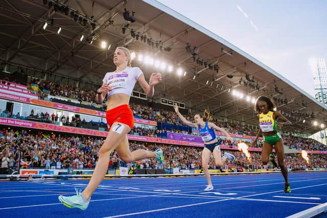 MAKE IT HAPPEN: Leeds-based Keely Hodgkinson crosses the finishing line to claim silver from Scotland's Laura Muir  in the women's 800m final on day nine of the Commonwealth Games at Alexander Stadium in 2022. Picture: Michael Steele/Getty Images