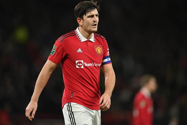 MANCHESTER, ENGLAND - JANUARY 10: Harry Maguire of Manchester United during the Carabao Cup Quarter Final match between Manchester United and Charlton Athletic at Old Trafford on January 10, 2023 in Manchester, England. (Photo by Gareth Copley/Getty Images)