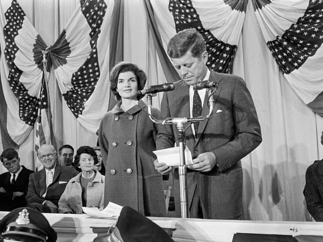US President-elect John Fitzgerald Kennedy alongside first lady Jacqueline Kennedy delivers his victory speech, on November 9, 1960 at the National Guard Armory in Hyannis Port, Massachusetts (Photo by -/AFP via Getty Images)