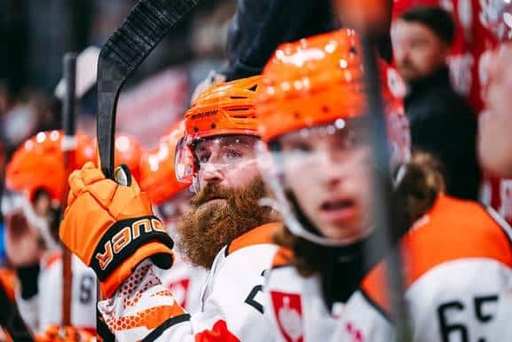 HIGH BAR: Sheffield Steelers' players produced two impressive road performances in the CHL last week, including a 3-2 overtime win over Växjö Lakers. Picture courtesy of CHL/Steelers Media.