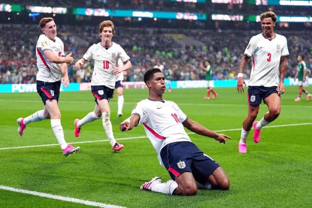 DOUBLE DELIGHT: Jude Bellingham celebrates scoring England's second goal against Mexico at Mexico City Stadium. Picture: Bradley Collyer/PA.