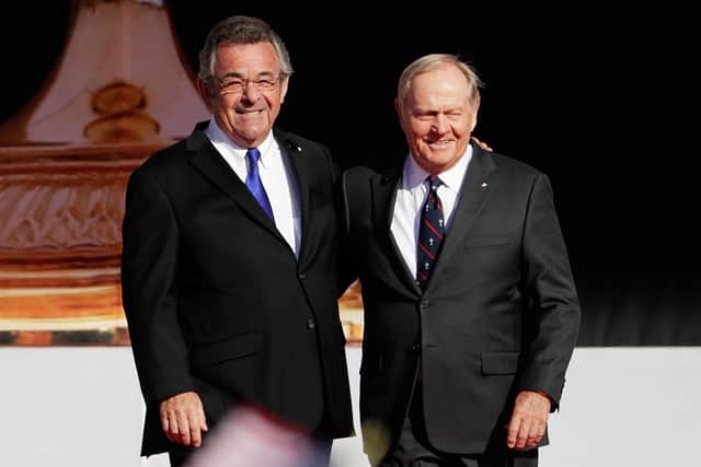 Former Ryder Cup captains Tony Jacklin of Europe and Jack Nicklaus of the United States speak during the 2016 Ryder Cup Opening Ceremony at Hazeltine National Golf Club on September 29, 2016 in Chaska, Minnesota.  (Picture: Jamie Squire/Getty Images)