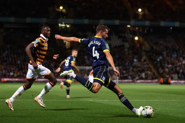 BRADFORD, ENGLAND - SEPTEMBER 26: Dan Barlaser of Middlesbrough clears the ball during the Carabao Cup Third Round match between Bradford City and Middlesbrough at University of Bradford Stadium on September 26, 2023 in Bradford, England. (Photo by George Wood/Getty Images)