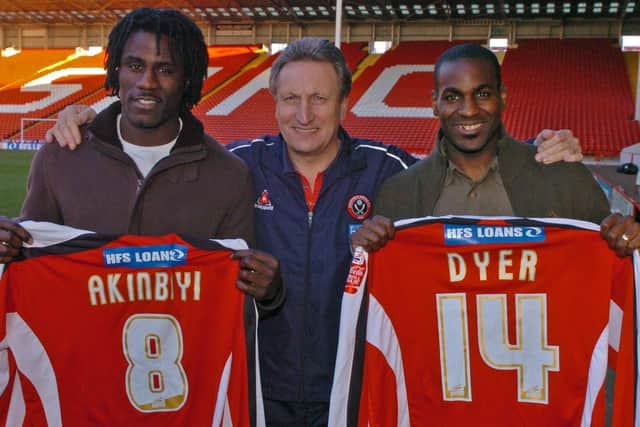INVESTMENT: Sheffield United manager Neil Warnock with two of the players - Ade Akinbiyi, and Bruce Dyer - he signed in January 2006 to help secure promotion to the Premiership