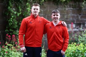 Clubmates together: Leeds Gymnastics Club members Luke Whitehouse and Harry Hepworth are heading to the Olympics with Team GB (Picture: Getty Images)