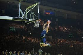 SLAM DUNK: Hensy Sako of the Sheffield Sharks flies through air to ram home a dunk in Sunday's contest (Picture courtesy of LS Media / Luke Simcock)