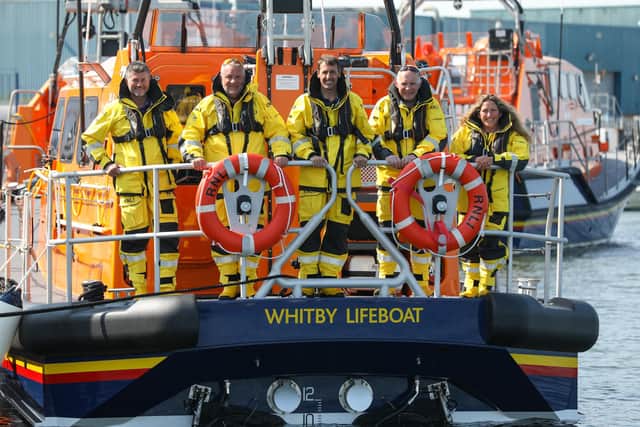 Matt Sharpe, Howard Fields, Richard Dowson , Keith Atrridge, Ally Brisby on board Lois Ivan, Whitby's new lifeboat which began active service last year. Picture: Ceri Oakes.
