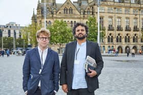 Josh Widdicombe and Nish Kumar in Bradford city centre while filming Hold the Front Page. Picture credit: 2024 © CPL Productions/Sky UK\Photographer: Lee Brown