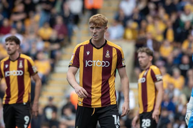 Bradford City defender George Pratt, pictured on his debut for his hometown club against Mansfield Town. Photo: Tony Johnson.