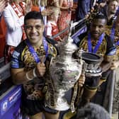 John Asiata with the Challenge Cup in the Royal Box after victory over Hull KR. (Photo: Allan McKenzie/SWpix.com)