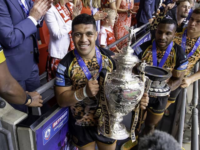 John Asiata with the Challenge Cup in the Royal Box after victory over Hull KR. (Photo: Allan McKenzie/SWpix.com)