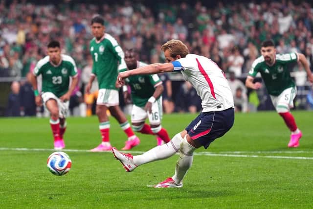 SPOT ON: England's Harry Kane put 3-1 up from the penalty spot against Mexico at Mexico City Stadium, Mexico. Picture: Bradley Collyer/PA.