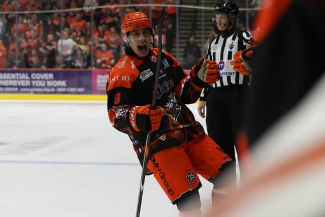 HOW'S THAT FOR STARTERS: Ryan Tait celebrates scoring Sheffield Steelers' opening goal against Manchester. Picture: Hayley Roberts/Steelers MEdia.