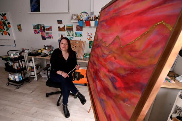 Lanson Moore, the Ashes to Art artist, pictured in her studio at Ossett, Wakefield Picture taken by Yorkshire Post Photographer Simon Hulme