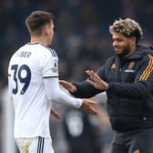 LEEDS, ENGLAND - JANUARY 22: Maximilian Woeber interacts with Georginio Rutter of Leeds United during the Premier League match between Leeds United and Brentford FC at Elland Road on January 22, 2023 in Leeds, England. (Photo by Stu Forster/Getty Images)