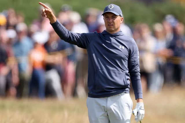 Jordan Spieth of the United States reacts after his 2nd shot on the 8th hole on Day One of The 151st Open at Royal Liverpool Golf Club (Picture: Gregory Shamus/Getty Images)