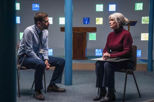 Siobhan Finneran as Marie Louise O’Dell and David Tennant as custodial officer Bobby Bailey in Time. Picture: BBC/BBC Studios/Peter Marley