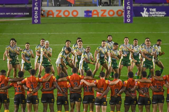 Cook Islands performing the haka against Papua New Guinea. Cook Islands play at Middlesbrough on Sunday (Picture: Olly Hassell/SWpix.com)