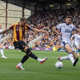 Bradford City captain Antoni Sarcevic fires in a shot in the recent League One game against Mansfield Town. Photo: Tony Johnson.