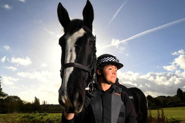 The South Yorkshire Police Mounted Section, Cudworth, Barnsley. PC Julie Bradshaw on her horse Treeton Picture by Simon Hulme.