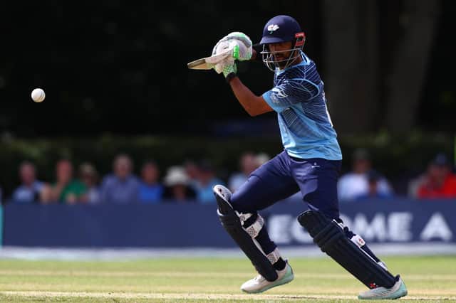 Shan Masood hits out on his way to his highest score for Yorkshire to date - 96 in Tuesday's One-Day Cup defeat to Middlesex at Radlett. Photo by Clive Rose/Getty Images.