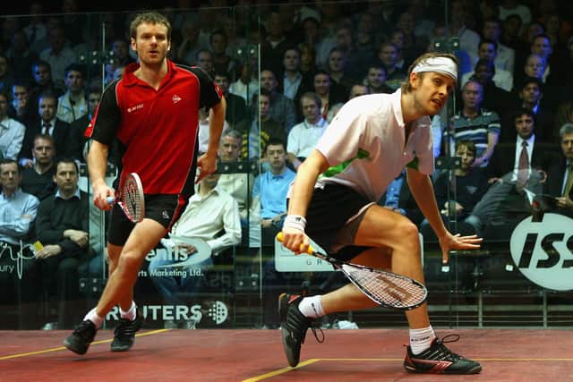 ON COURT: Lee Beachill, in action against fellow Yorkshireman, James Willstrop at the Canary Wharf Classic in London in March 2008. Picture: Paul Gilham/Getty Images