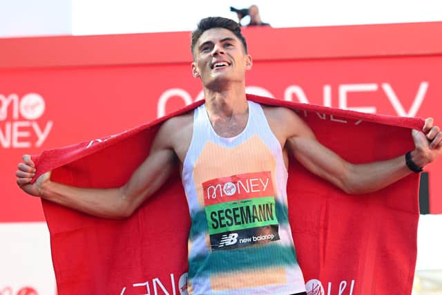 Britain's Phil Sesemann poses for a photograph after he comes seventh in the elite men's race of the 2021 London Marathon in central London on October 3, 2021 (Picture: GLYN KIRK/AFP via Getty Images)