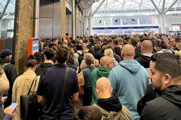 Picture taken with permission from X (formally Twitter) account of @armstrong_Lucy of queues at King's Cross station. Photo credit: Luce Armstrong/PA Wire
