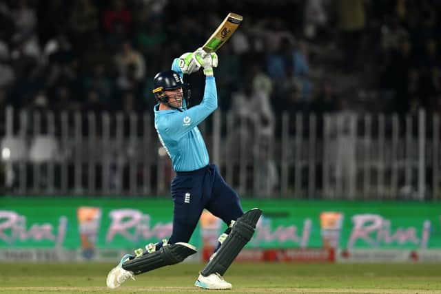 Tom Banton hits out on his way to the top score for England. Photo by Sameer Ali/Getty Images
