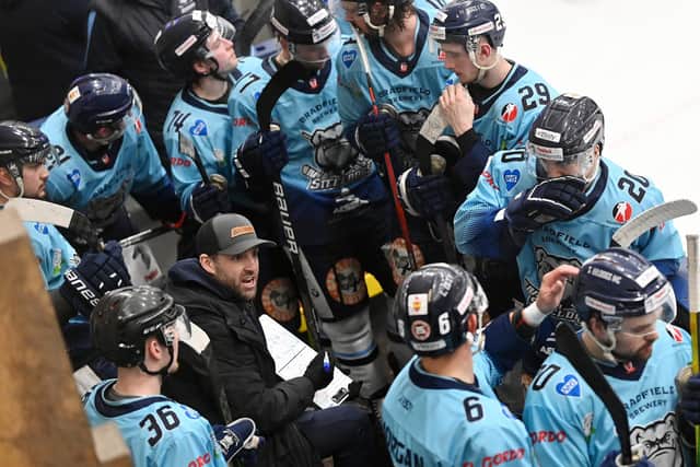 NEW ERA: Head coach Greg Wood gives instructions to his Sheffield Steeldogs team during a match against Leeds Knights during the 2021-22 NIHL National season. Picture: Bruce Rollinson