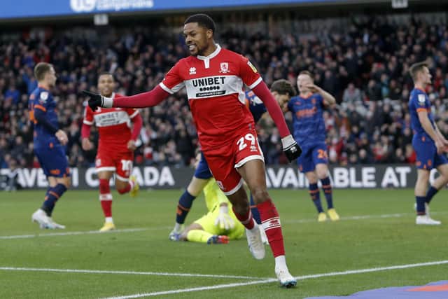 BRILLIANT: Middlesbrough’s Chuba Akpom celebrates after scoring his side's second goal against Blackpool at the Riverside Stadium Picture: Will Matthews/PA.