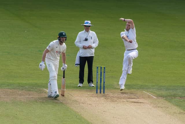 Yorkshire's Matt Milnes bowls on his first appearance since the opening game of the season. The pace bowler had been out with a stress fracture of the back. Picture: Tony Johnson.