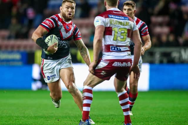 Jared Waerea-Hargreaves carries the ball in against Wigan in the 2019 World Club Challenge. (Photo: Alex Whitehead/SWpix.com)