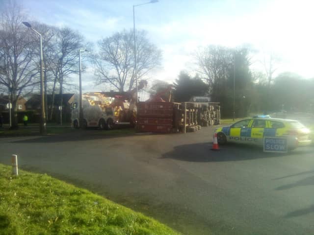 A lorry overturned near Doncaster causing a road blockage.