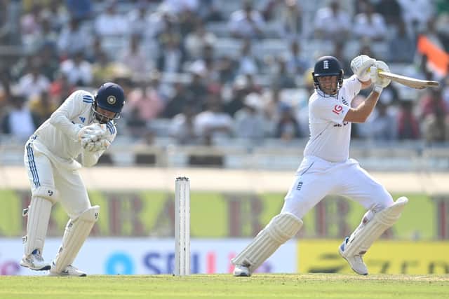 Joe Root plays the ball away on the offside on the opening day of the fourth Test in Ranchi. Photo by Gareth Copley/Getty Images.