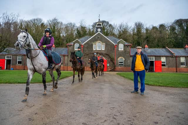 Highfield Stables, Beverley Road, Norton, Malton, North Yorkshire. Pictured John Fairley, owner of Highfield Stables, watching his riders leave the yard.