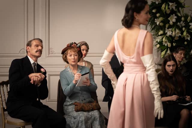 Lambert Wilson as Marquis de Chassange and Lesley Manville as Mrs Harris in Mrs Harris Goes To Paris.