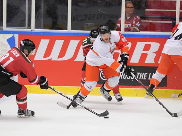 DO YOU REMEMBER THE FIRST TIME? Sheffield Steelers' Robert Dowd in Champions Hockey League action against Frolunda Gothenburg in August 2015. Picture: Dean Woolley/Steelers Media.