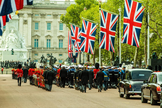 The State Funeral of Her Majesty The Queen Elizabeth II making it's way along The Mall, London.