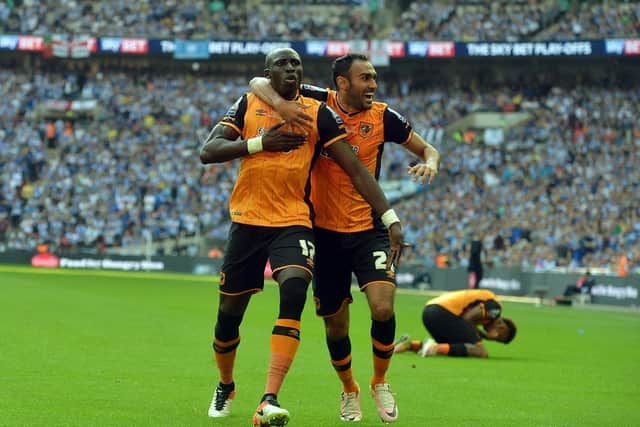 Mo Diame celebrates his goal for Hull City with Ahmed Elmohamady in their play-off final victory over Sheffield Wednesday in 2016.  Picture: Tony Johnson.