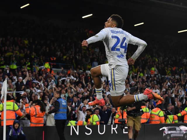 JUMPING FOR JOY: Leeds United forward Georginio Rutter celebrates scoring the third goa