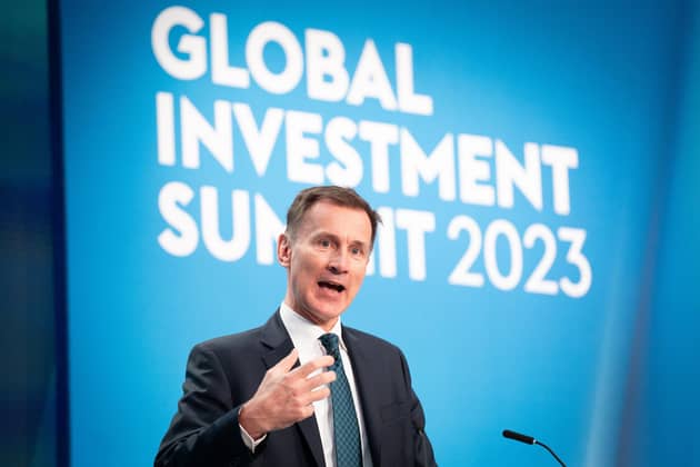 Chancellor of the exchequer Jeremy Hunt speaks at the Global Investment Summit at Hampton Court Palace on November 27, 2023 in London, England. (Photo by Stefan Rousseau - WPA Pool/Getty Images)