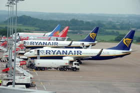 Leeds Bradford Airport: Multiple flights diverted away from landing due to high winds 
21 June 2017.......   Ryanair at  Leeds Bradford Airport. Picture Tony Johnson.