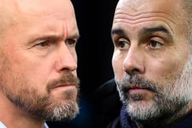 Head to head: They once worked alongside each other at Bayern Munich, now Erik ten Hag and Manchester United, left, can deny Pep Guardiola, right, and Manchester City a slice of history in today's FA Cup final (Picture: Jan Kruger/Getty Images)